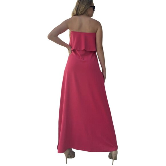 Susan Monaco Hibiscus Red Pink Strapless Ruffle Slit Maxi Dress Small NEW - Picture 4 of 9